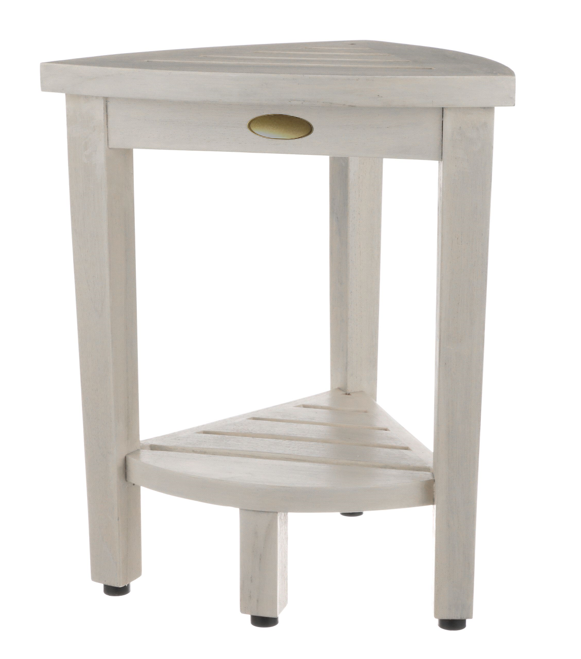 Compact Teak Corner Shower Stool with Shelf in Whitewash Finish