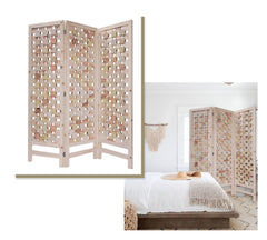 3 Panel Pink Room Divider with Cut Square Wood Design