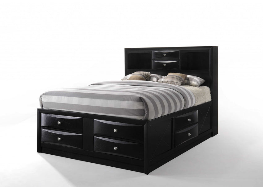 Black Multi-Drawer Queen Bed with Bookcase Headboard