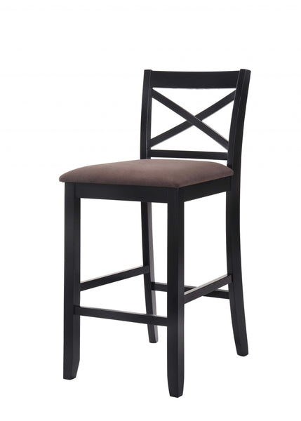 Set of 2 - 43' Black Wood Finish with Dark Fabric Upholstered Seat Bar Chairs