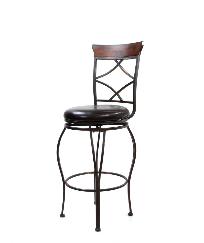 Set of 2 -  46' Antiqued Black and Cherry Finish with Espresso Faux Leather Seat Swivel Bar Chairs