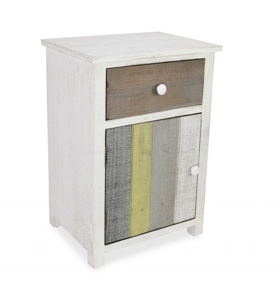 Rustic Distressed White Nightstand with Natural Gray and Green Accents