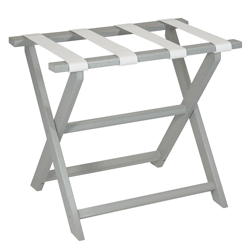 Earth Friendly Light Gray Folding Luggage Rack with White Straps