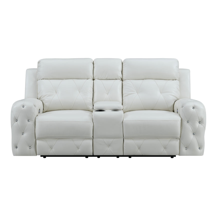 White Leather Gel Cover Power Console Reclining Loveseat in Plushily Padded Seats  Jewel Embellished Tufted Design  Along With Recessed Arm