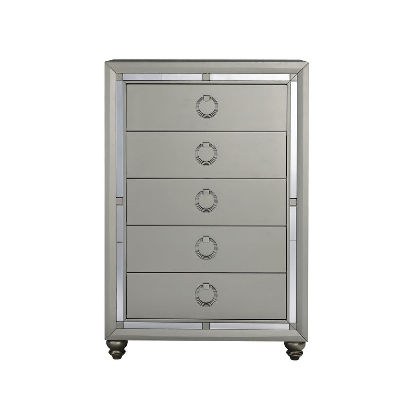 Silver Champagne Tone Chest with Mirror Trim Accent  5 Drawers