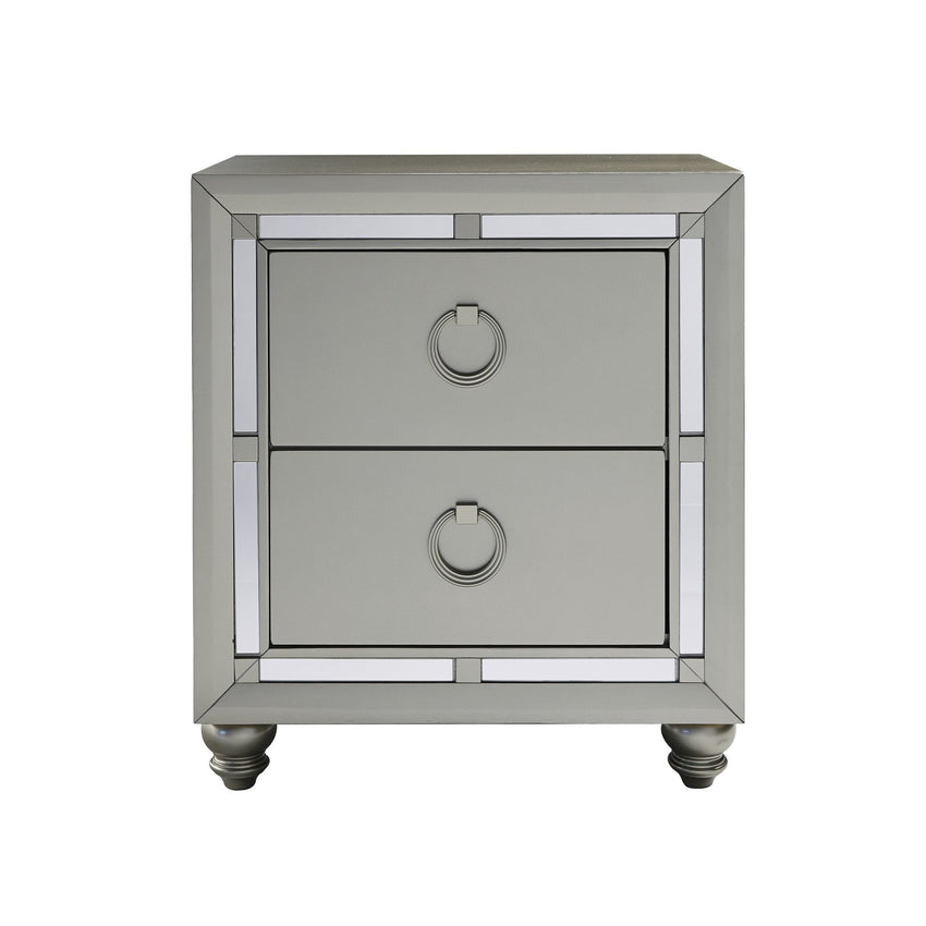 Silver Champagne Tone Nightstand with 2 Drawer  Mirror Trim Accent