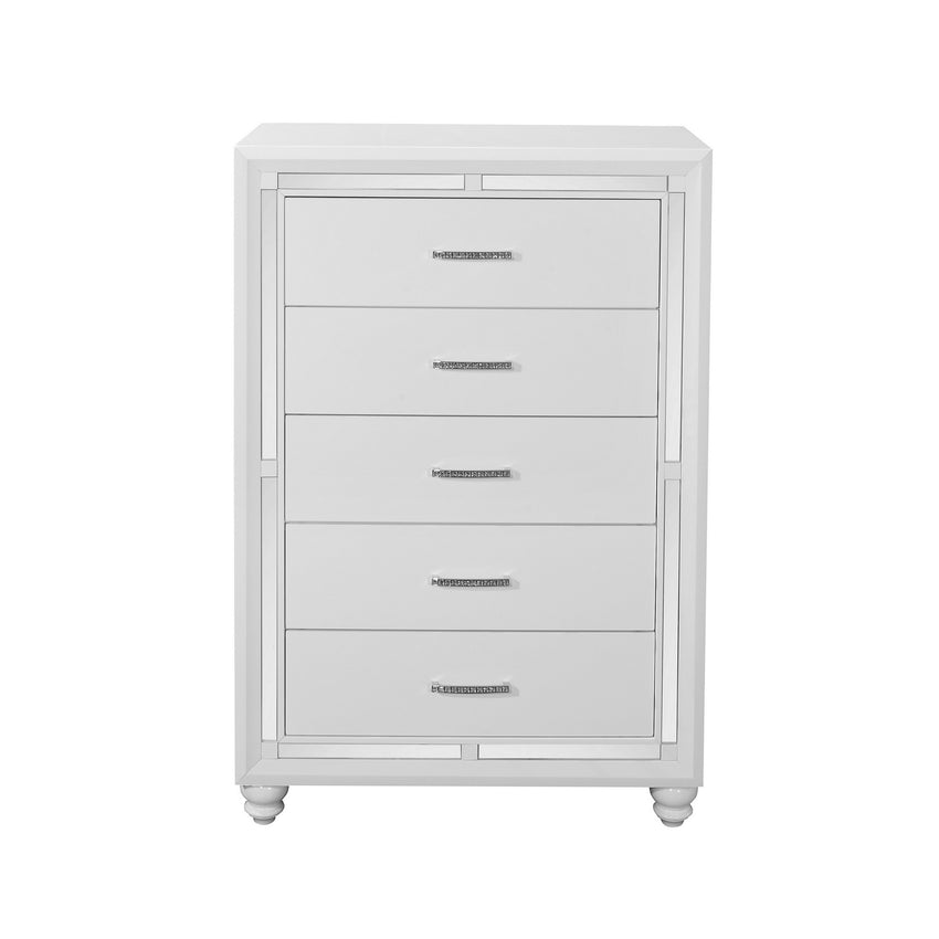 White Chest with Mirror Trim Accent  5 Drawers