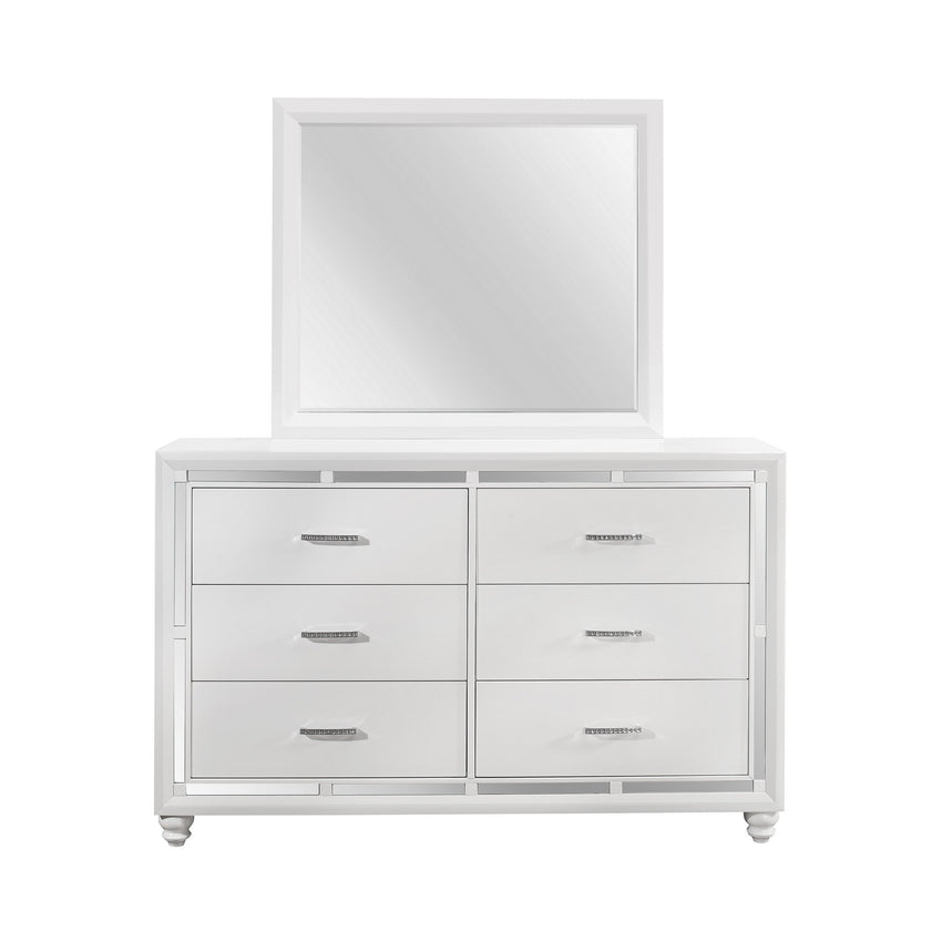 White Dresser with Mirror Trim Accent  6 Drawers