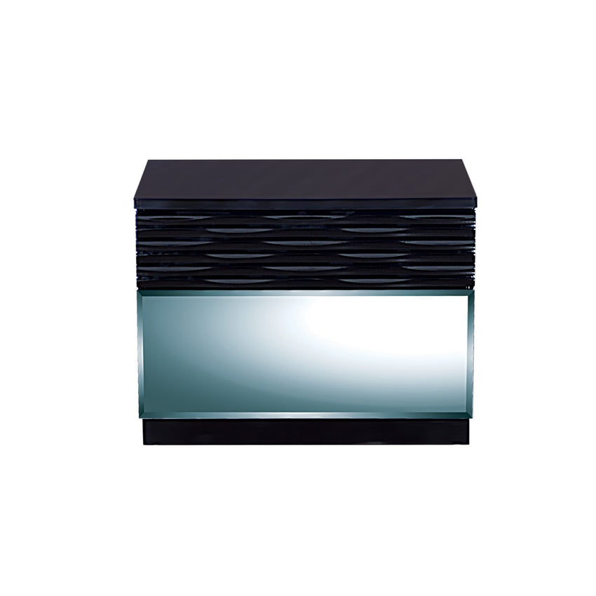 Modern Black Nightstand with Geometric Designed Panels  2 Drawers