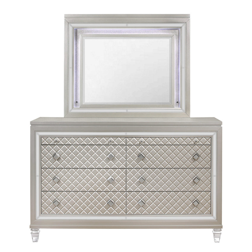 Champagne Toned Dresser with Tapered Acrylic Legs and 2 Jewelry Drawers