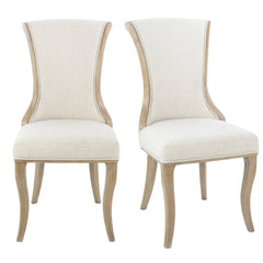 Set of 2 Updated Rustic White Linen Wood Frame Dining Chairs