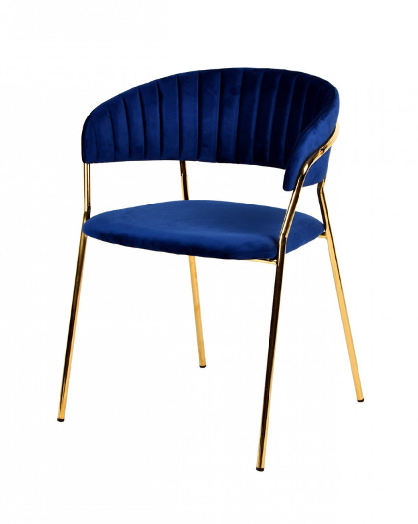 Set of 2 Curved Chic Blue and Gold Velour Dining Chairs