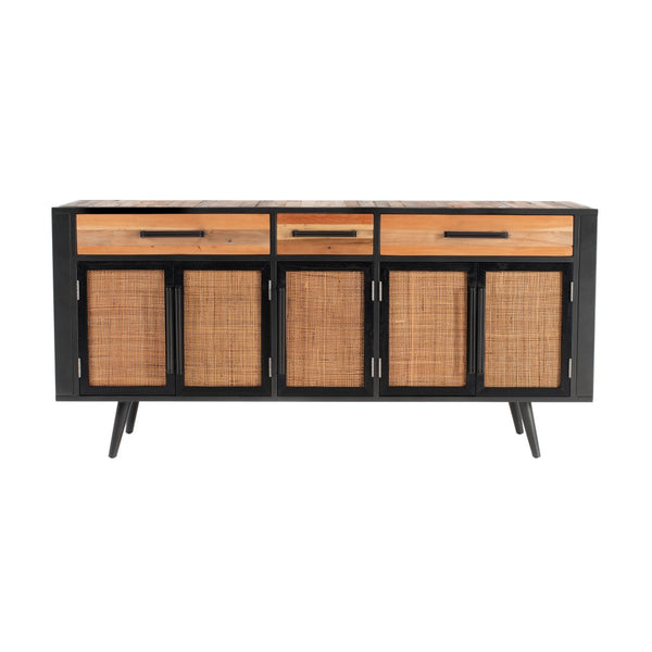 71" Modern Rustic Black Natural and Rattan Buffet Server