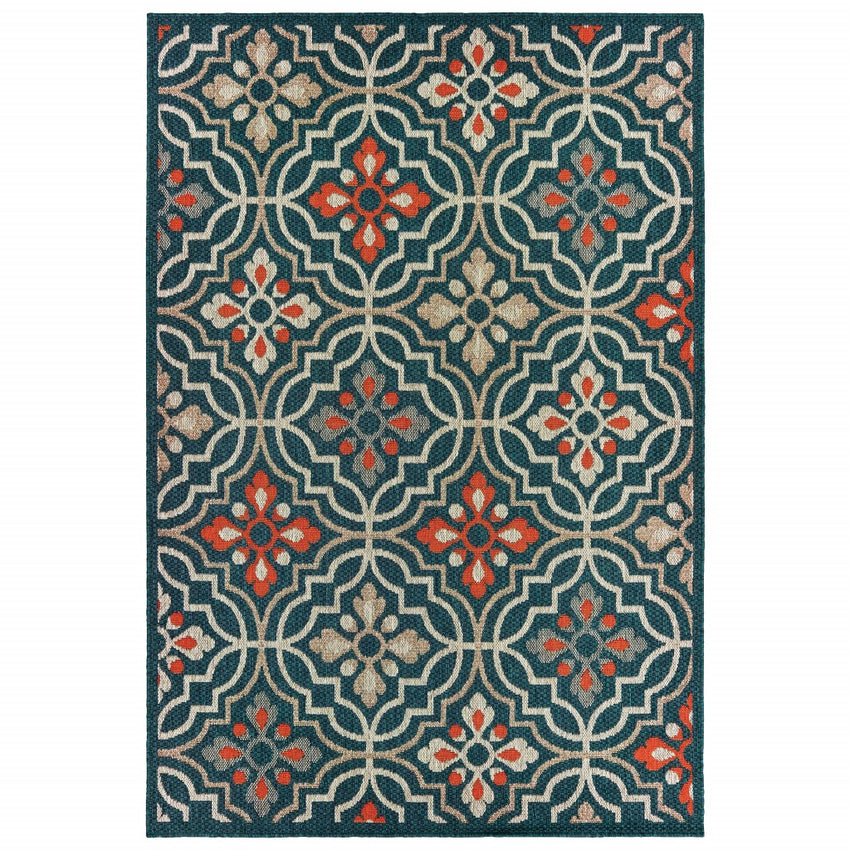 10'x13' Blue Orange Floral Lattice Indoor Outdoor Area Rug