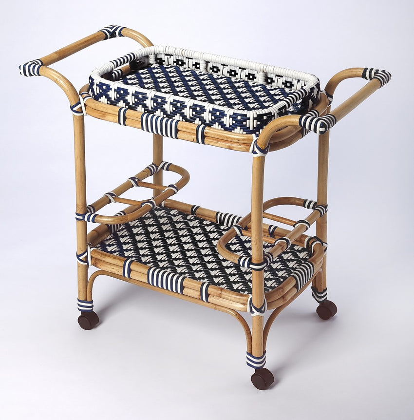 Blue and White Rattan Bar Cart