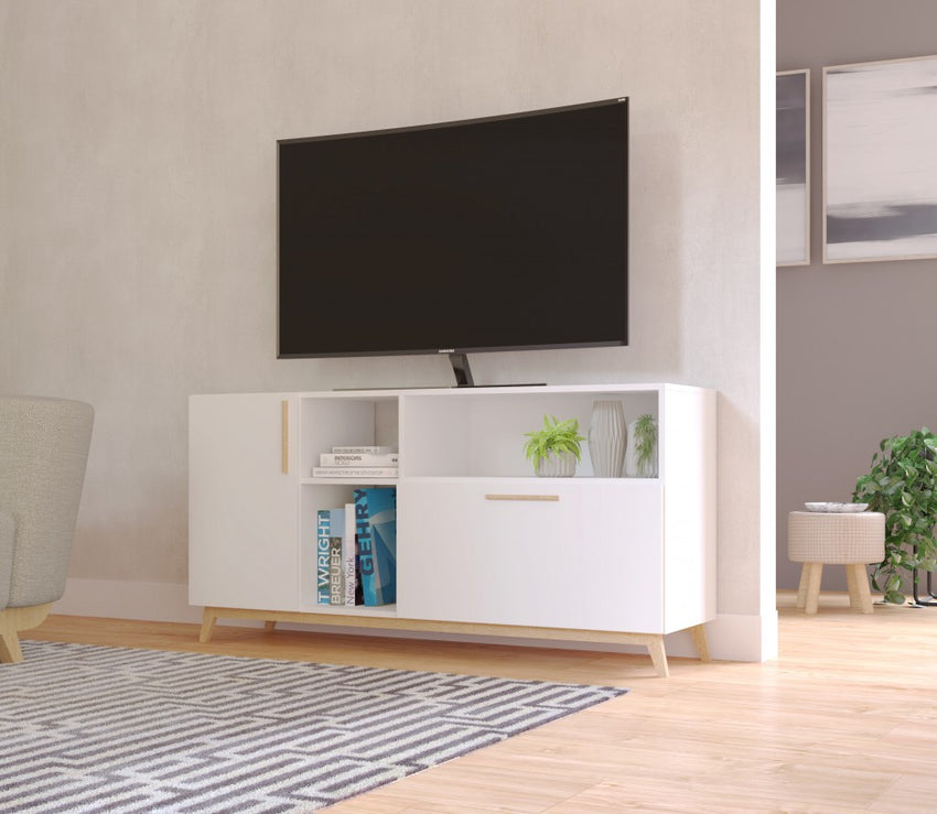 Modern White and Natural Asymmetrical TV Stand