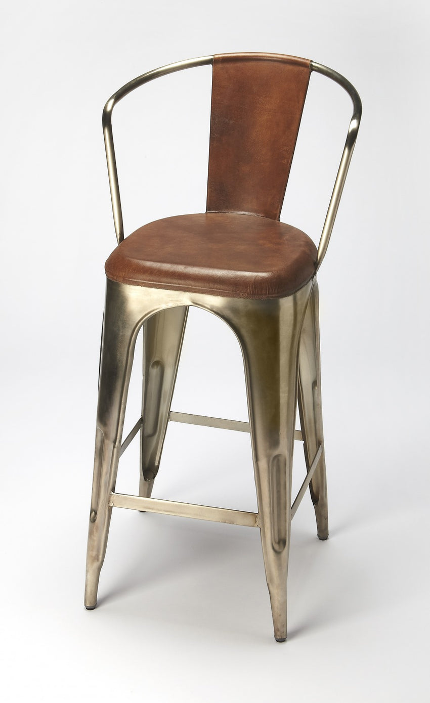 Brown Leather and Iron Bar Stool