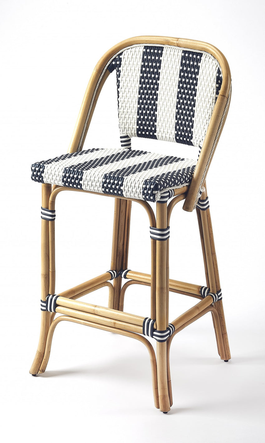 Blue and White Striped Rattan Bar Stool