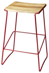 Wood and Red Metal Bar Stool