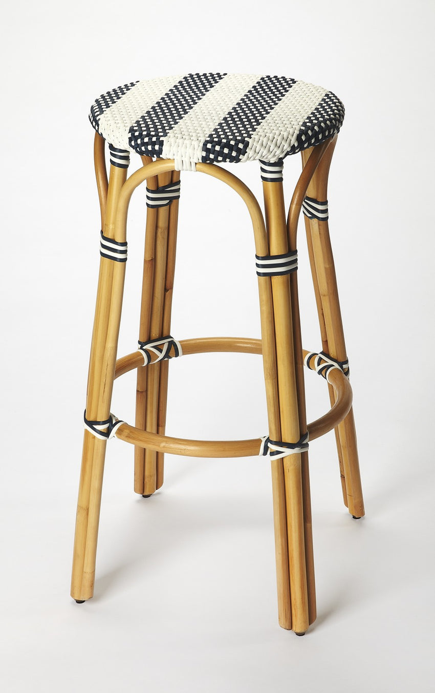 Navy Blue and White Rattan Bar Stool