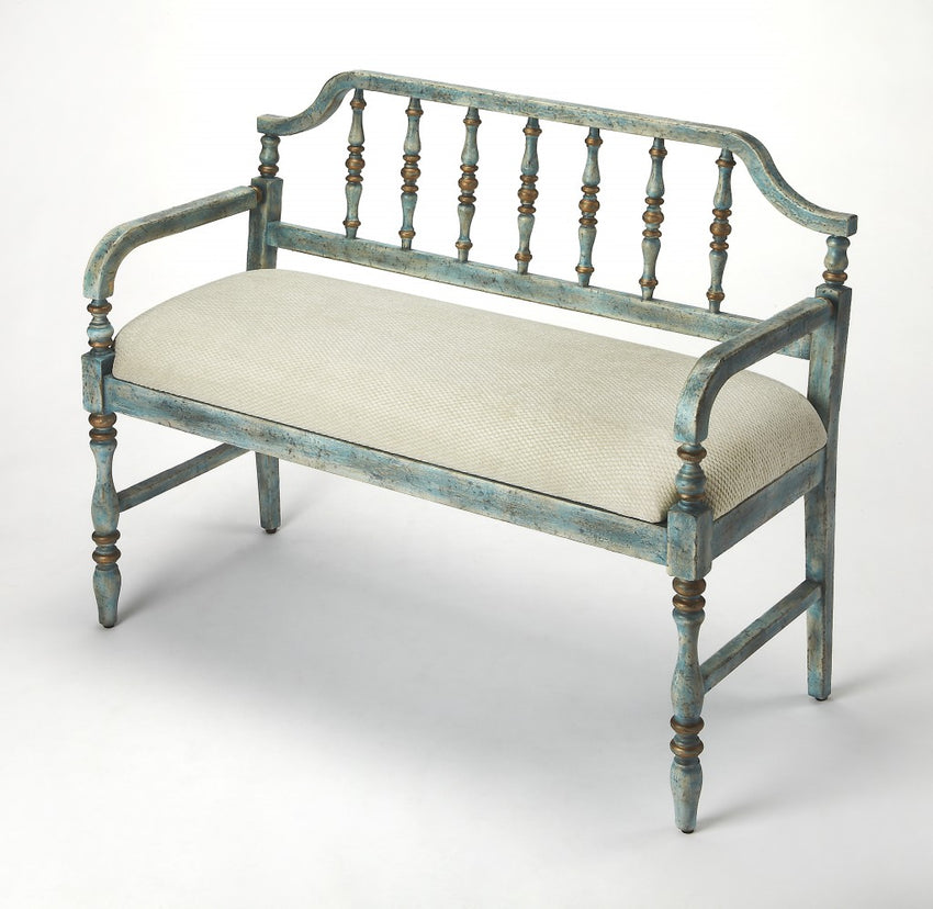 Antiqued Aqua Spindle Back Bench