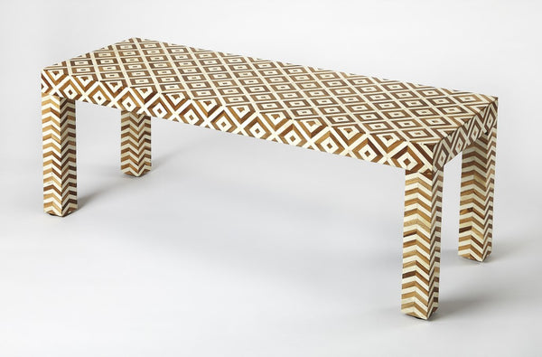 Geo and Chevron Teak and Bone Inlay Bench