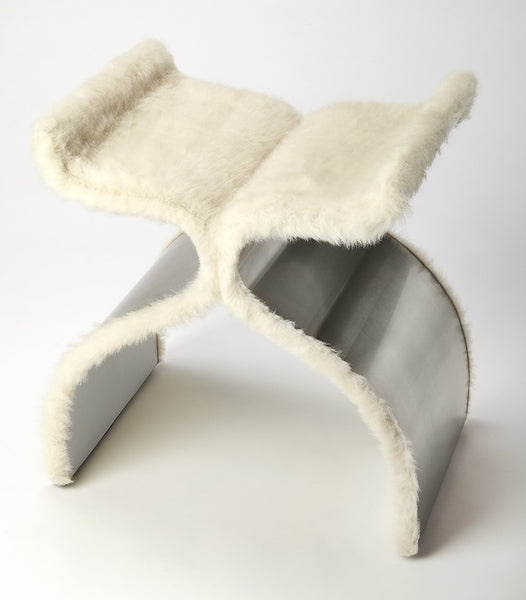 Far Out Ivory and Chrome Faux Fur Stool