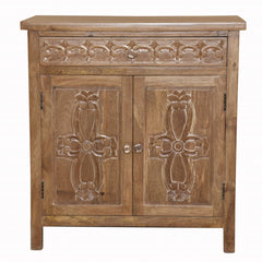 Artisanal Handcarved Natural Wood Accent Storage Cabinet