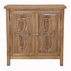 Artisanal Handcarved Natural Wood Double Door Cabinet