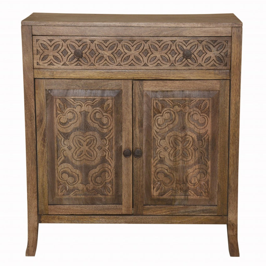 Artisanal Handcarved Dark Wood Accent Storage Cabinet