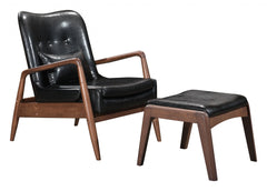 Walnut and Black Faux Leather Modern Retro Chair and Ottoman Set