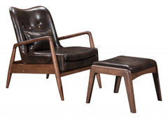 Walnut and Brown Faux Leather Modern Retro Chair and Ottoman Set