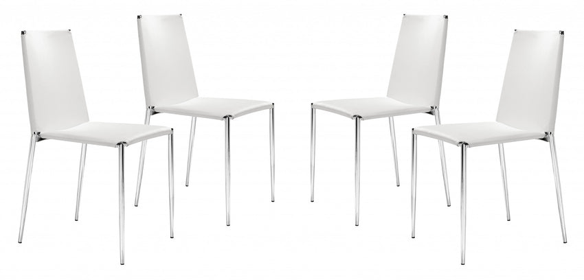 Set of Four White Faux Leather and Steel Standard Stackable Dining or Accent Chairs