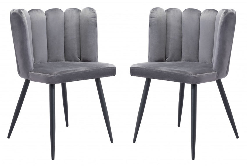 Set of Two Gray Velvet Glam Clam Dining Chairs