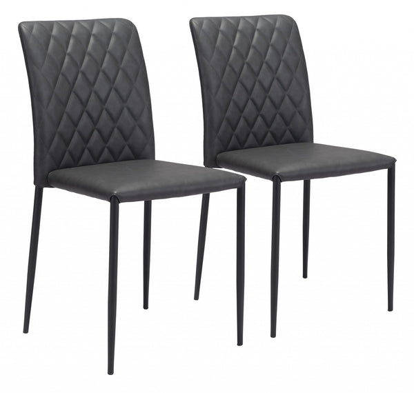 Set of Two Black Faux Leather Diamond Weave Dining Chairs