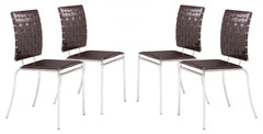 Set of Four Brown Faux Leather and Steel Modern Basket Weave Dining Chairs