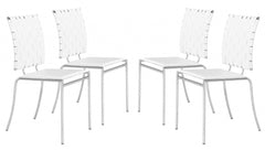 Set of Four White Faux Leather and Steel Modern Basket Weave Dining Chairs