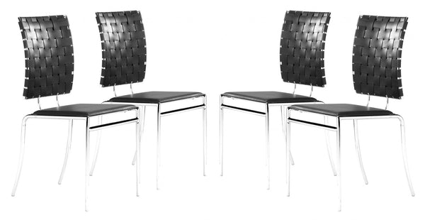 Set of Four Black Faux Leather and Steel Modern Basket Weave Dining Chairs