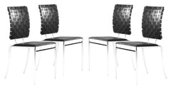 Set of Four Black Faux Leather and Steel Modern Basket Weave Dining Chairs