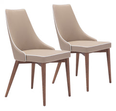 Set of Two Beige with White Piping and Walnut Dining Chairs