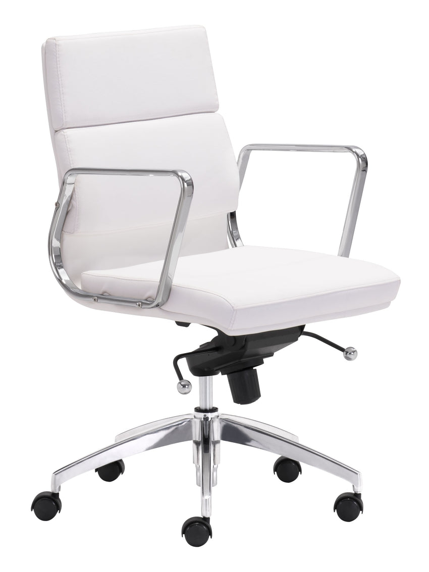 Chrome and White Faux Leather Leather Low Back Office Chair