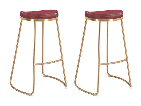 Set of Two Burgundy and Gold Modern Glam Geo Backless Barstools