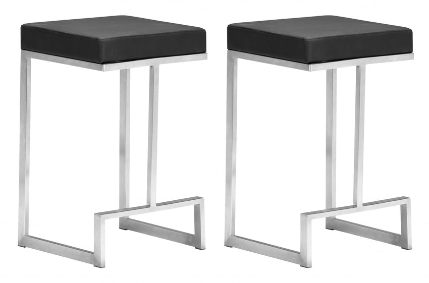 Set of Two Black Faux Leather and Stainless Geometric Backless Counter Stools