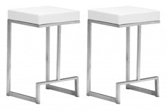 Set of Two White Faux Leather and Stainless Geometric Backless Counter Stools