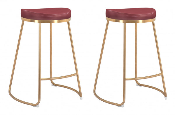 Set of Two Burgundy and Gold Modern Glam Geo Backless Counter Stools