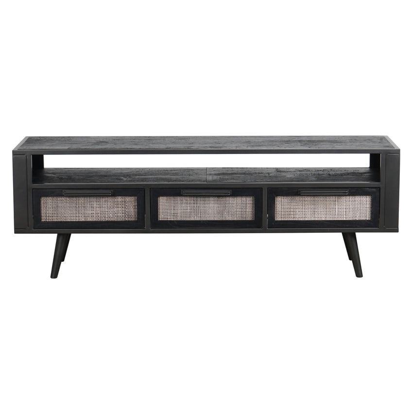 Rustic Black and Rattan TV Stand with Three Drawers