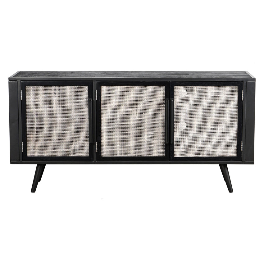 Rustic Black and Rattan Media Cabinet with Three Doors