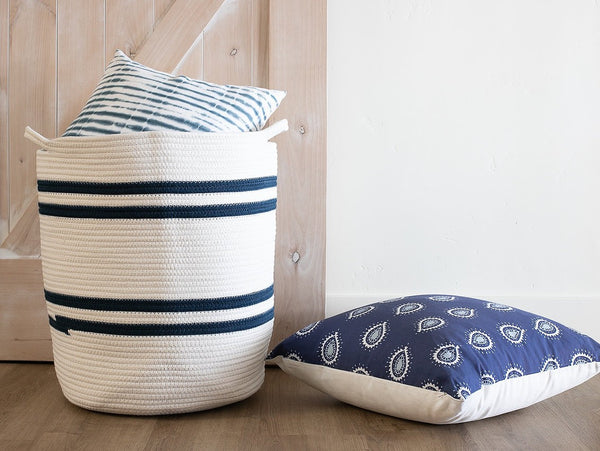 19" Ivory and Navy Stripe Cotton Woven Rope Basket