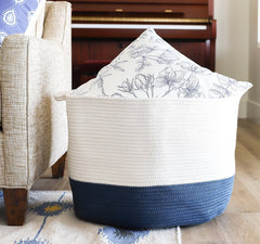 15" White and Blue Woven Rope Basket