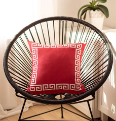 Red and White Greek Key Bordered Throw Pillow